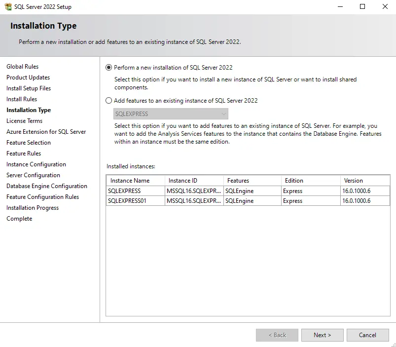 Installation Type SQL Server - Tipo de instalación