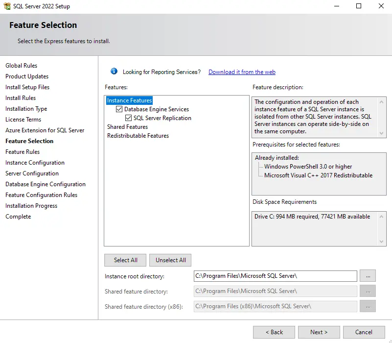 Feature Selection SQL Server