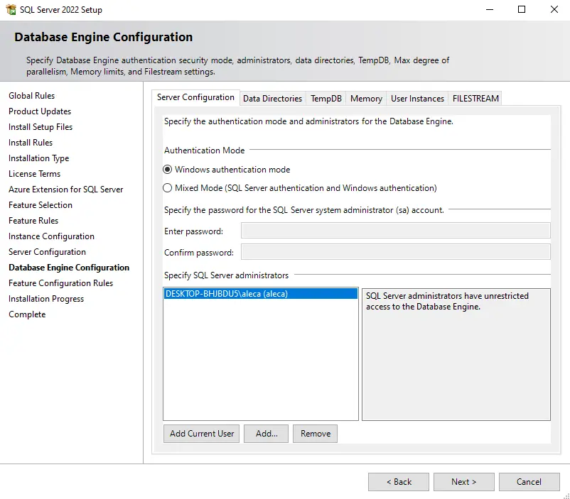 SQL Database Engine Configuration